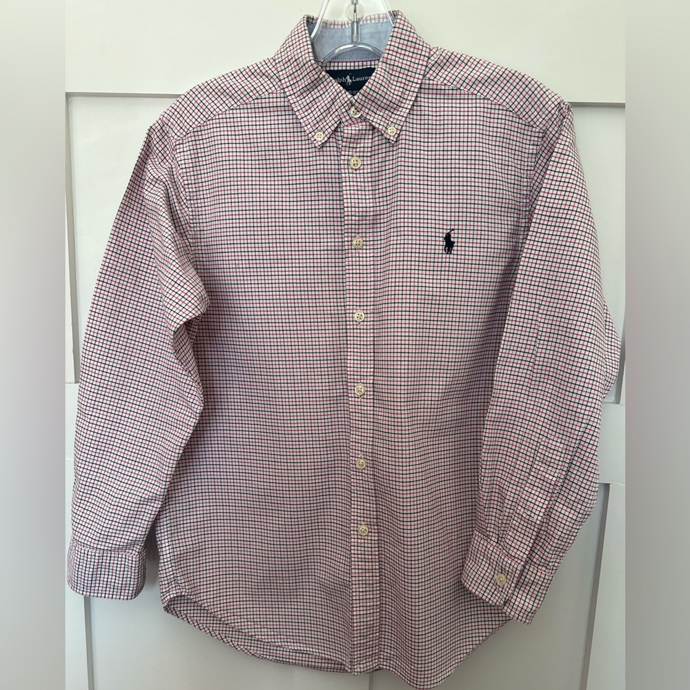 Polo by Ralph Lauren - Boys 10-12 Blue and Red Plaid White Shirt. 100% Cotton.